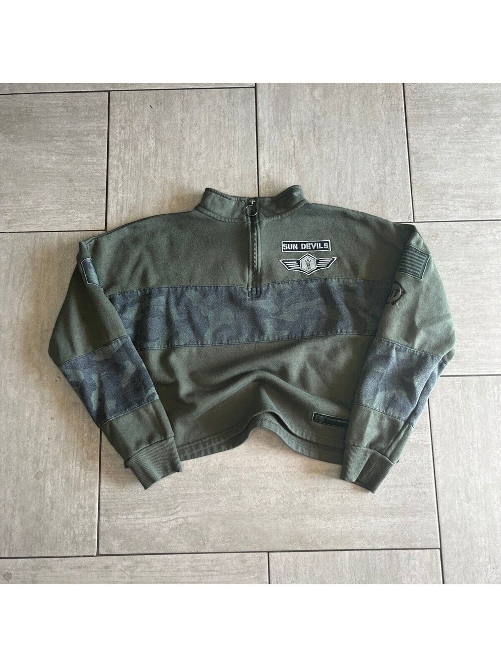 Colosseum ASU Sun Devils Olive Green Camo Cropped Quarter Zip Pullover L
